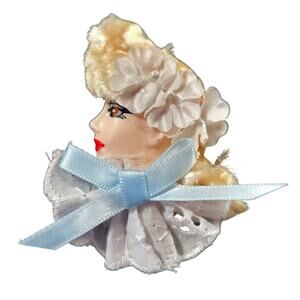 Glamour Lady Head Brooch Face With White Lace and Blue Ribbon 1980's Gift Box